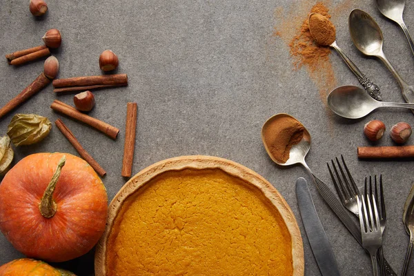 Top view of tasty pumpkin pie near whole ripe pumpkin, cutlery, cinnamon and hazelnuts on grey stone surface — Stock Photo