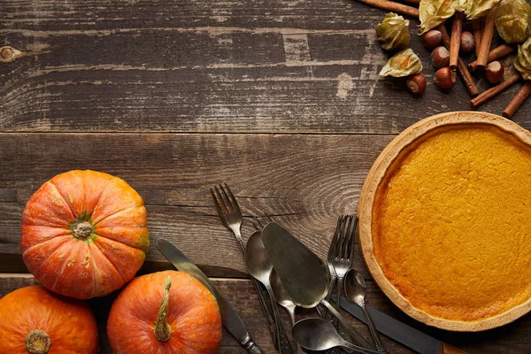 Vista superior de torta de abóbora saborosa perto de abóbora madura inteira, talheres, canela, avelãs e physalis na superfície de madeira escura — Fotografia de Stock