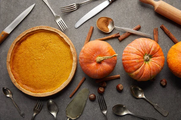 Vista dall'alto di gustosa torta di zucca vicino a zucche mature intere, posate, bastoncini di cannella e nocciole sulla superficie di pietra grigia — Foto stock