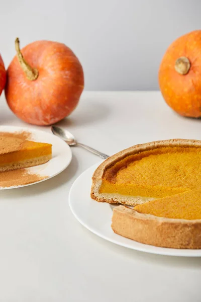 Délicieuse tarte à la citrouille avec de la poudre de cannelle près de la cuillère et des citrouilles mûres entières sur une surface de marbre blanc isolé sur gris — Photo de stock