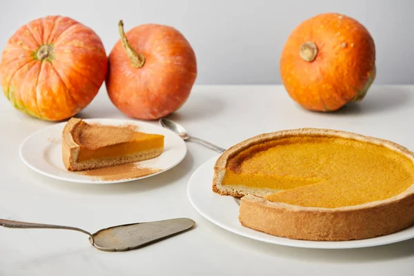Delicious pumpkin pie with cinnamon powder near spoon, spatula and whole ripe pumpkins on white marble surface isolated on grey — Stock Photo