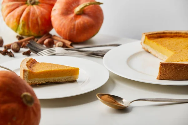 Tasty pumpkin pie near whole pumpkins, cutlery and spices isolated on grey — Stock Photo