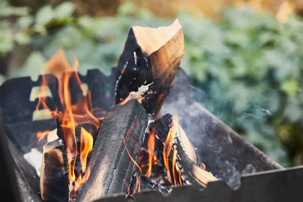 Selective focus of firewood with fire flames in grill — Stock Photo