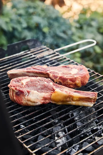 Carne cruda grigliata su griglia barbecue e pezzi di carbone all'esterno — Foto stock