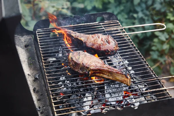 Leckeres Grillfleisch auf Grillrost und Kohlestücken draußen — Stockfoto