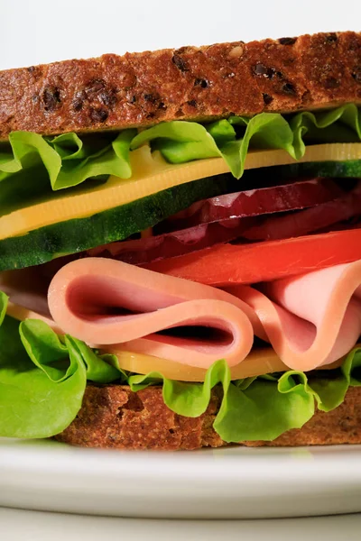 Close up view of fresh sandwich with lettuce, ham, cheese, bacon and tomato on plate — Stock Photo