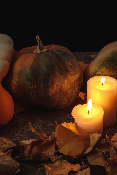 Сухая листва, горящие свечи, спелые тыквы на деревянном деревенском столе изолированы на черном — стоковое фото
