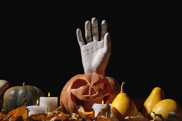 Follaje seco, velas encendidas, mano decorativa en calabaza de Halloween tallada en mesa rústica de madera aislada en negro - foto de stock