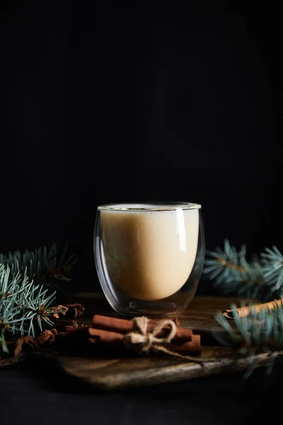 Tasty eggnog cocktail near spruce branches and bunch of cinnamon sticks isolated on black — Stock Photo