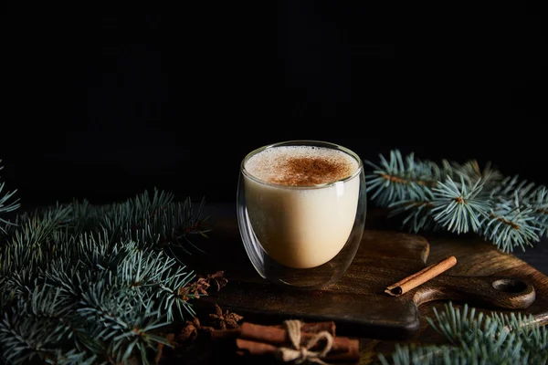 Delicious eggnog cocktail on cutting board near spruce branches and cinnamon sticks isolated on black — Stock Photo