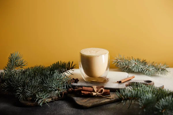 Eggnog cocktail on table covered with sugar powder, spruce branches and cinnamon sticks isolated on orange — Stock Photo