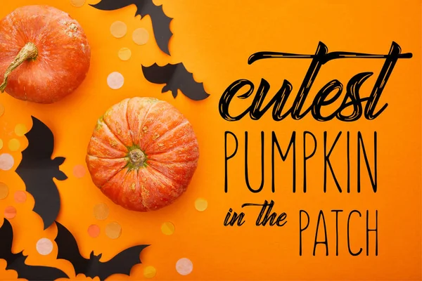 Vista superior de la calabaza, murciélagos y confeti sobre fondo naranja con la calabaza más linda en la ilustración del parche, decoración de Halloween - foto de stock