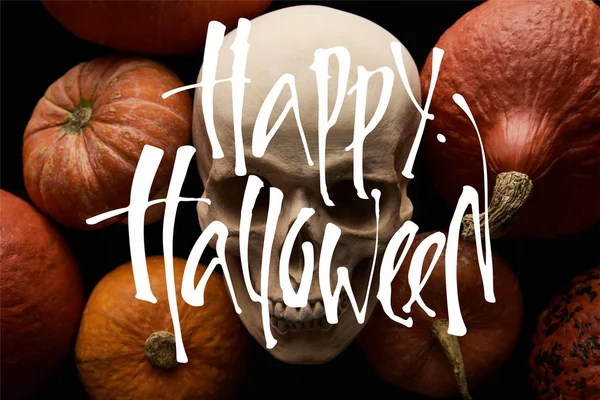 Pumpkins and skull on black background with happy Halloween illustration — Stock Photo