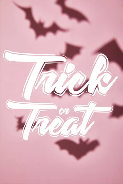 Shadow of flying bats on pink background with trick or treat illustration — Stock Photo