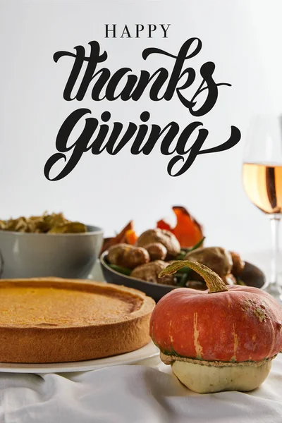 Pumpkin pie, baked vegetables and whole pumpkin isolated on grey with thanksgiving illustration — Stock Photo