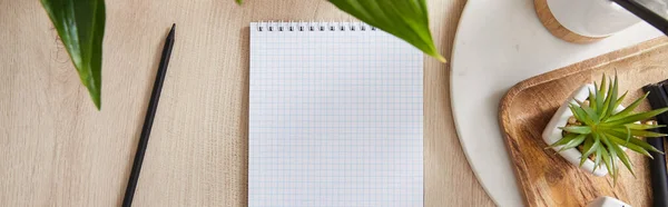 Top view of green plants, blank notebook with pencil on wooden surface, panoramic shot — Stock Photo