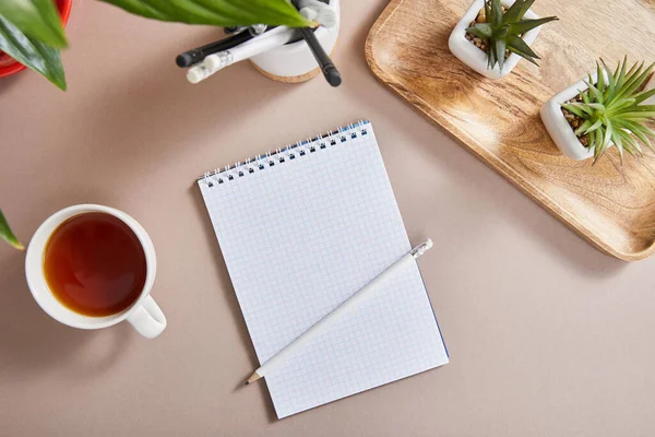 Top view of green plants on wooden board, cup of tea, blank notebook with pencils on beige surface — Stock Photo