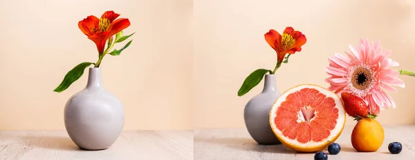 Collage de composición floral y frutal con Alstroemeria en jarrón, gerberas, bayas, pomelo y albaricoque sobre superficie de madera en beige - foto de stock