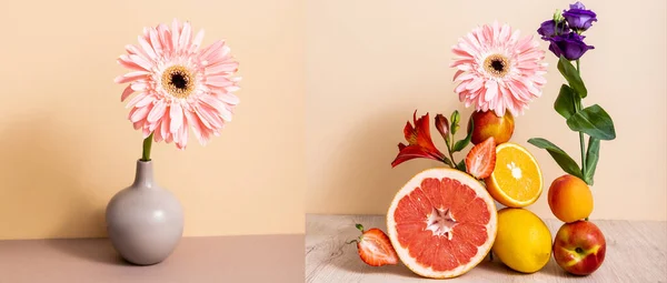 Collage di gerbera rosa e composizione floreale e di frutta su sfondo beige — Foto stock