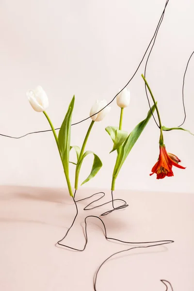 Florale Komposition mit weißen Tulpen und roten Alstroemeria auf Drähten isoliert auf beige — Stockfoto