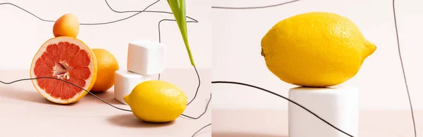 Composição de frutos com citrinos perto de cubos e fio isolado em bege, colagem — Fotografia de Stock