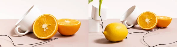 Collage de composición de frutas con alambre, limón, naranja, taza aislada en beige, cultivo panorámico - foto de stock