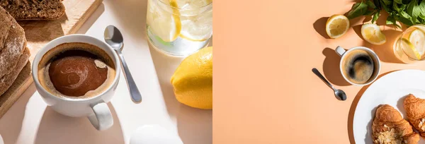Collage avec tasse à café, eau, citrons, pain et croissants pour le petit déjeuner sur table beige, en-tête du site — Photo de stock