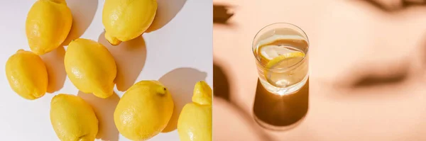 Collage con limoni interi su grigio e bicchiere d'acqua su tavola beige, immagine orizzontale — Foto stock