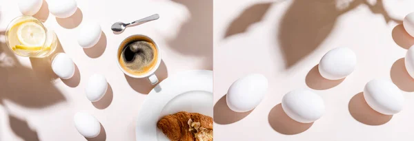 Коллаж с вареными яйцами, вода с лимоном, чашка кофе и круассан на завтрак на сером столе с тенями, заголовок сайта — стоковое фото