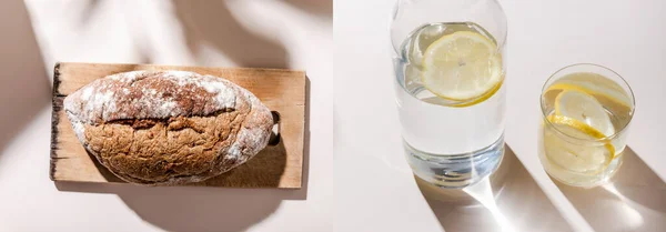 Collage con pan sobre tabla de cortar y agua en botella y vidrio sobre mesa gris con sombras, orientación panorámica - foto de stock