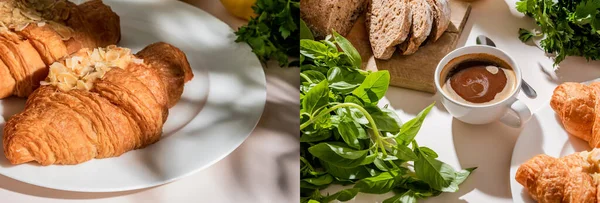 Collage con croissants, pan, verdor y café para el desayuno sobre mesa gris - foto de stock