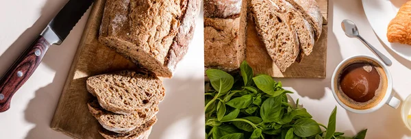 Collage with bread, greenery and cup of coffee for breakfast on grey table, website header — Stock Photo