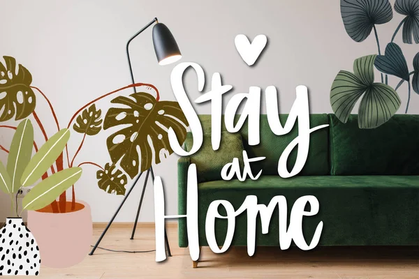 Green sofa with pillow near modern floor lamp, drawn plants illustration and stay at home lettering — Stock Photo