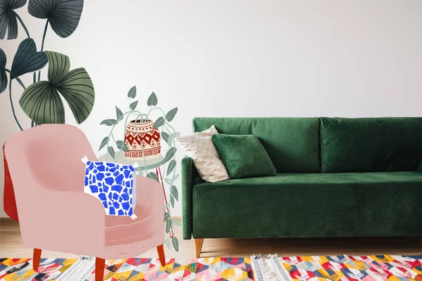 Sofá verde moderno e travesseiros na sala de estar com tapete colorido perto de poltrona desenhada e plantas ilustração — Fotografia de Stock
