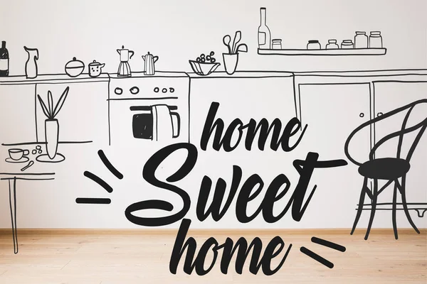 Home dolce casa lettering vicino disegnato divano, poltrona e pianta vicino cucina illustrazione — Foto stock