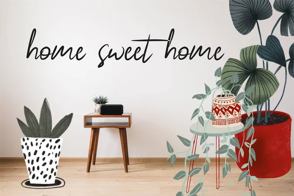 Wooden coffee table and clock with blank screen near drawn plants illustration and home sweet home lettering — Stock Photo