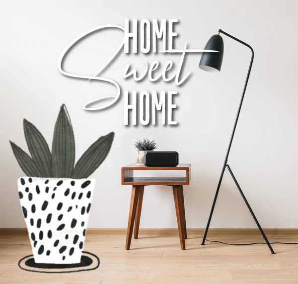 Floor lamp, wooden coffee table, clock with blank screen and home sweet home lettering near drawn plant illustration — Stock Photo