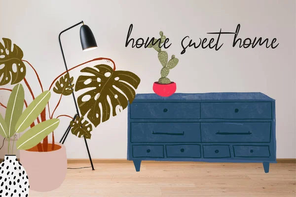 Modern floor lamp near home sweet home lettering, drawn dresser and plants illustration — Stock Photo