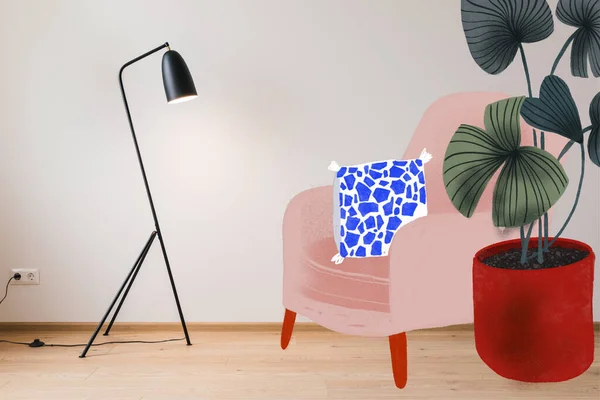 Moderne Stehlampe in der Nähe von gezeichneten Sessel, Kissen und grünen Pflanzen Illustration — Stockfoto