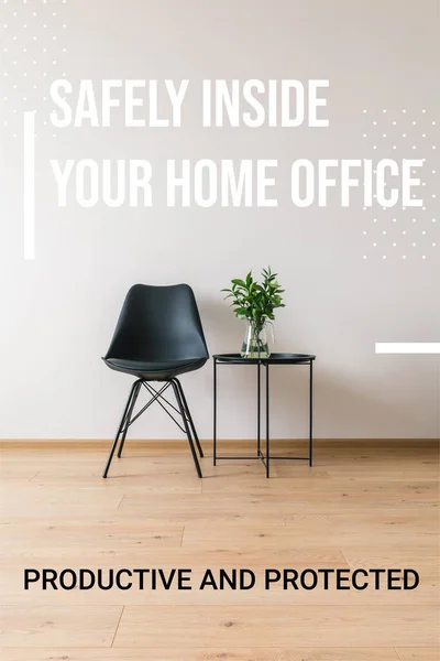 Black coffee table with green plant near modern chair and safely inside your home office, productive and protected lettering — Stock Photo