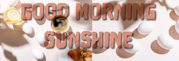 Коллаж с вареными яйцами, вода с лимоном, чашка кофе и круассан на завтрак на сером столе с добрым утренним солнцем, заголовок сайта — стоковое фото