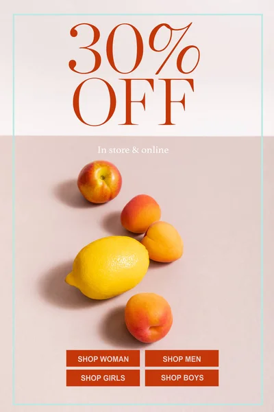 Fruit composition with lemon and apricots near thirty percent off lettering on beige and white — Stock Photo