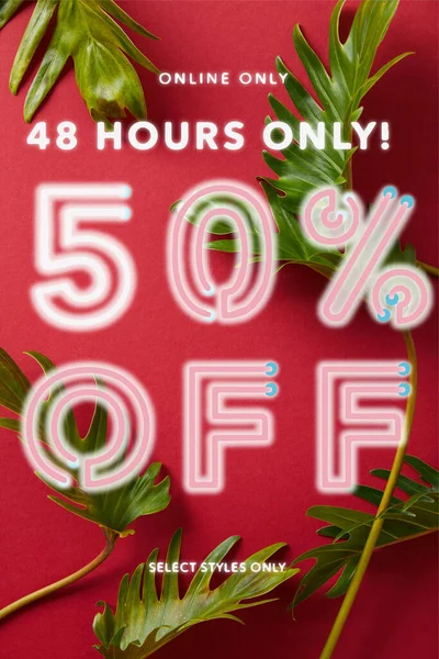 Top view of tropical green leaves on red background with sale illustration — Stock Photo