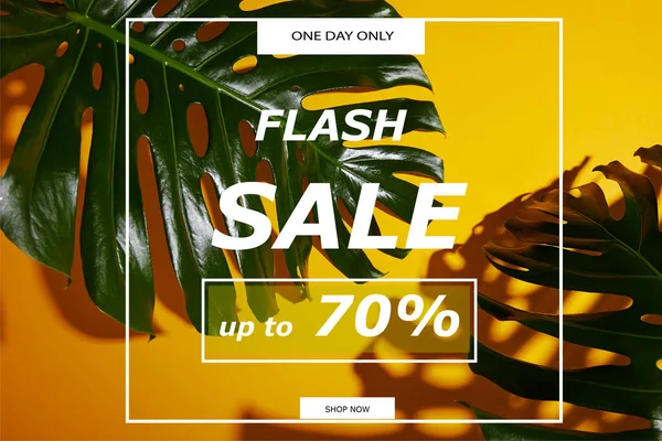 Top view of tropical green leaves on yellow background with flash sale illustration — Stock Photo