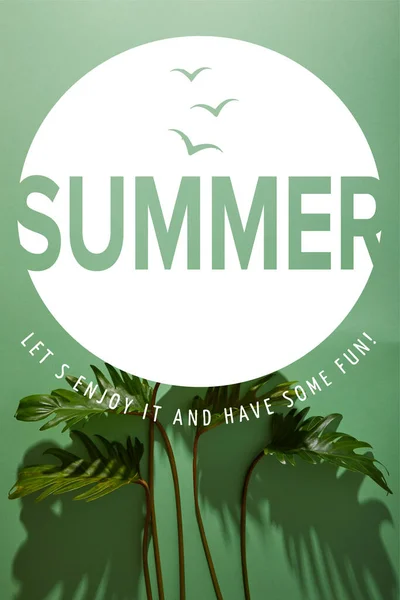Frische tropische grüne Blätter auf grünem Hintergrund mit sommerlicher Illustration — Stockfoto