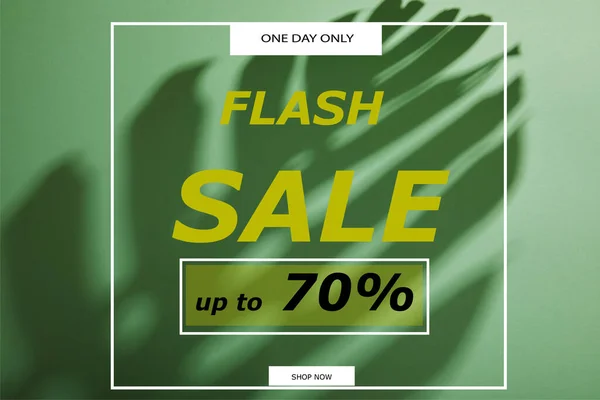 Tropical leaf shadow on green background with flash sale illustration — Stock Photo