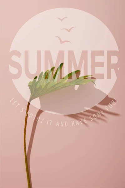 Fresh tropical green leaf on pink background with summer illustration — Stock Photo