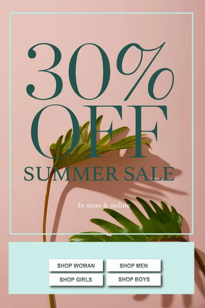 Fresh tropical green leaves on pink background with summer sale illustration — Stock Photo