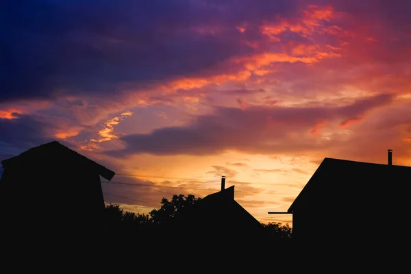 Silhouette Una Casa Albero Nel Tramonto Viola — Foto Stock