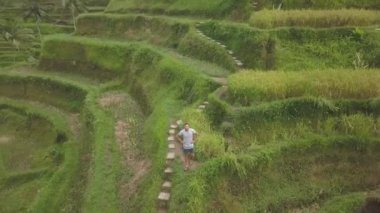Havadan görüntüleri, panorama 360 görünümü gezegen, Bali, Endonezya, dron sinekler pirinç terasları kadar poz adam ve çekim bir fotoğraf ve video panorama gezegen gibi balıkgözü, yeşil sahada